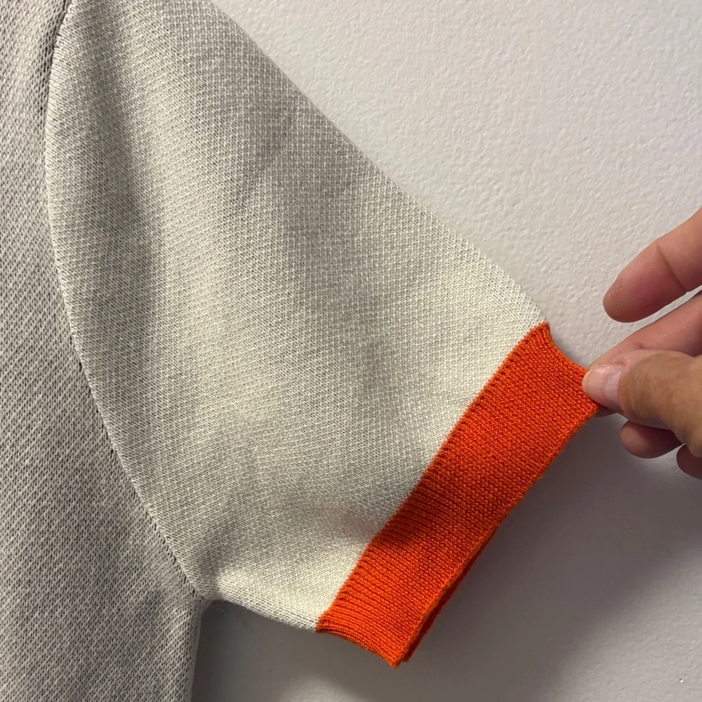 Whimsical Oxyknit Cat Graphic Sweater with Orange Trim L